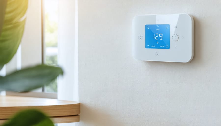Modern smart thermostat display next to an energy-efficient heat pump system
