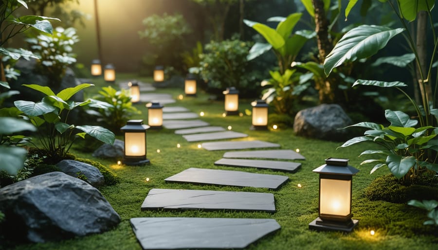 Solar-lit zen garden pathway at dusk with ambient lighting