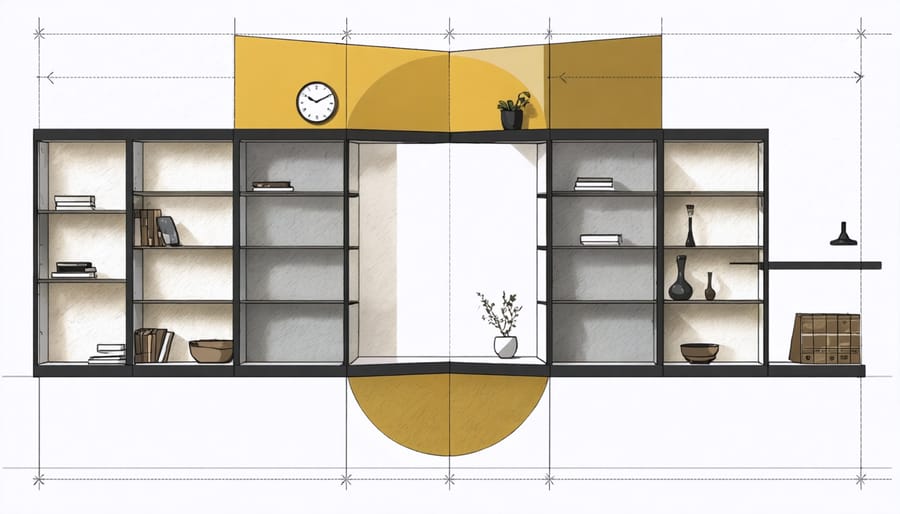 Technical illustration of Super Susan corner cabinet space utilization