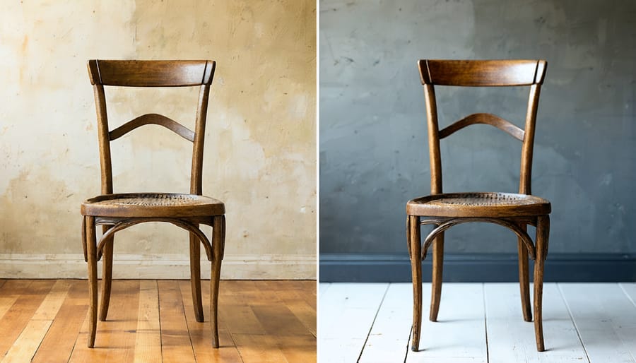 Before and after comparison of sustainably restored wooden chair
