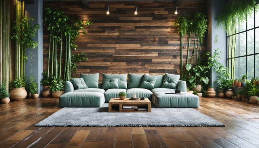 Eco-friendly living room with reclaimed wood wall and bamboo floors
