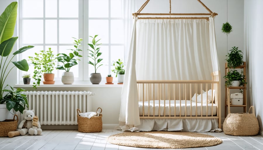 Eco-friendly nursery with wooden crib, organic textiles, and natural lighting