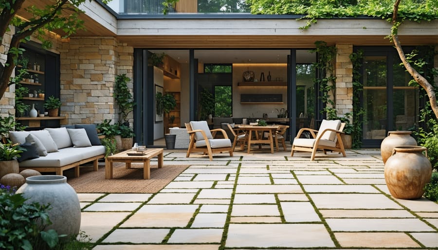 Eco-friendly outdoor seating area with stone flooring and wooden furniture
