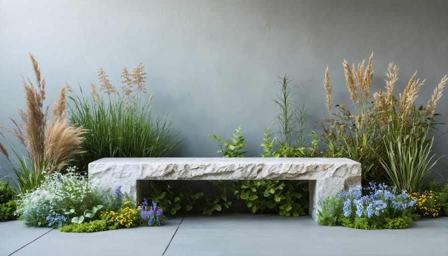 Sustainable outdoor seating area with stone bench and native plantings