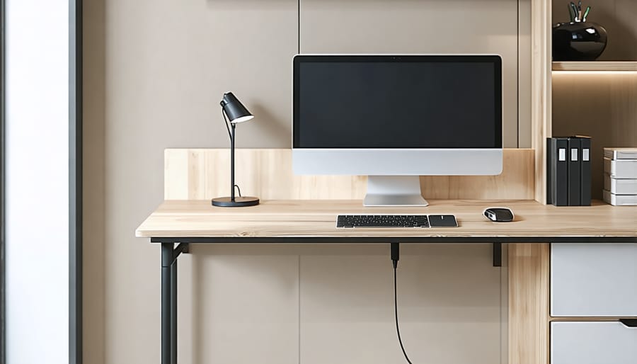 Close-up of desk workspace showing hidden tech integration features and wire management