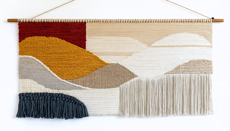 Handmade macramé-style wall hanging created from upcycled textile materials