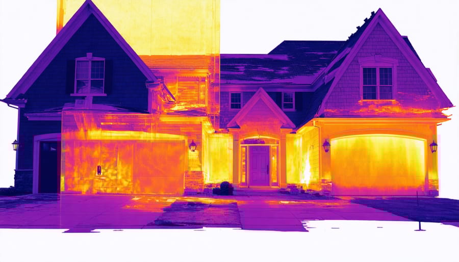 Thermal image of a house showing red and orange areas where heat is escaping