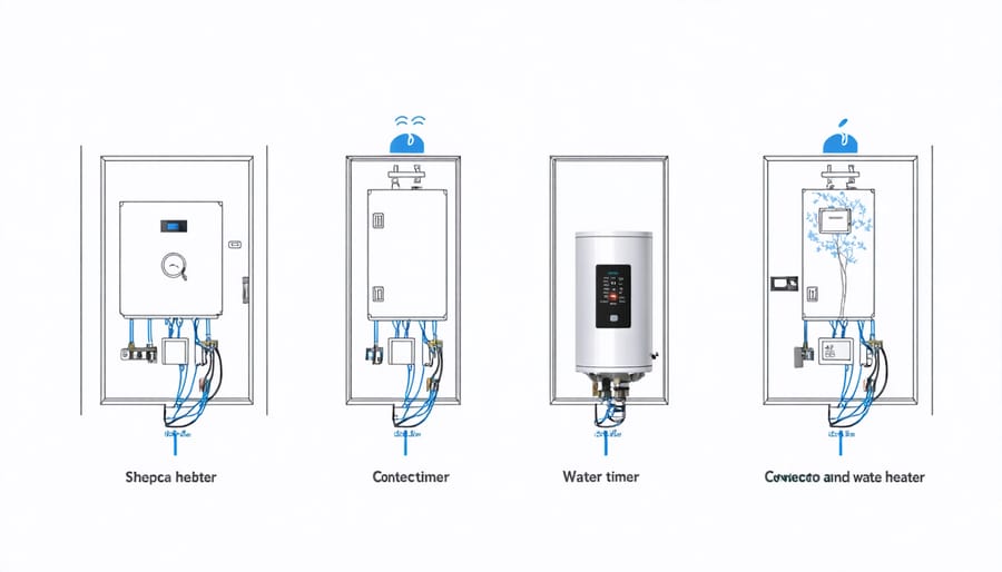 Detailed electrical wiring diagram for water heater timer installation with labeled components