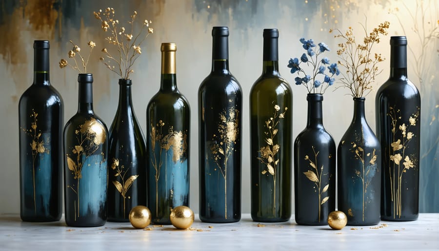 Upcycled glass wine bottles painted in gold and silver, arranged as decorative vases
