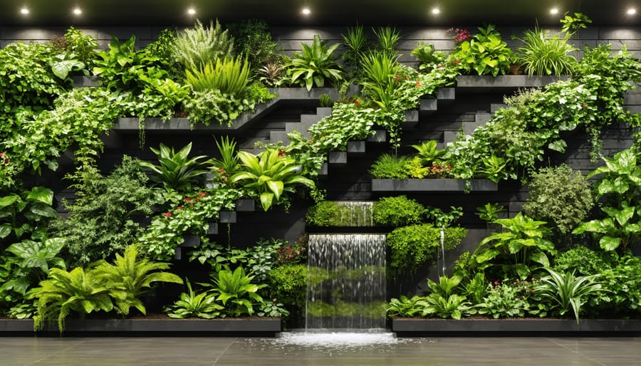 Living wall combining local plants and cascading water element in an outdoor space
