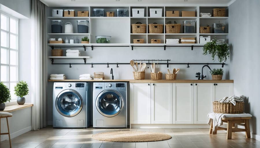 Small laundry room with efficient vertical storage including floating shelves, wall-mounted drying racks, and cabinet storage