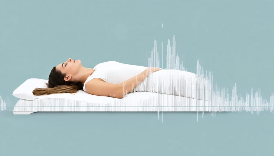 Individual experiencing vibroacoustic therapy with visible sound wave patterns