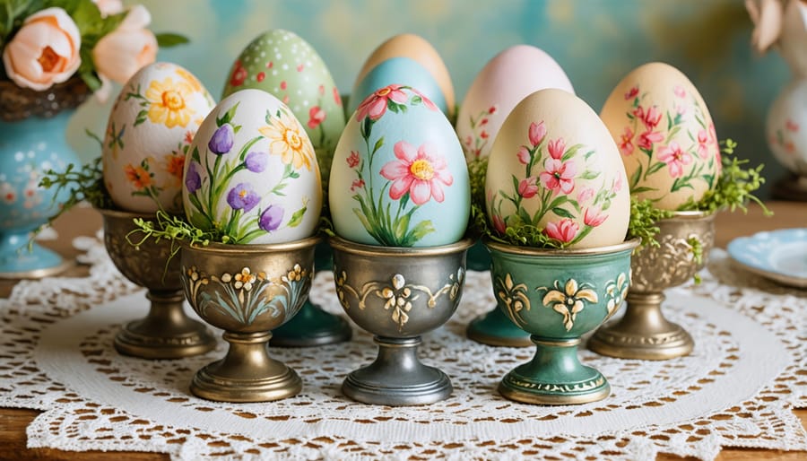 Ornately decorated Victorian-style Easter eggs in vintage porcelain egg cups