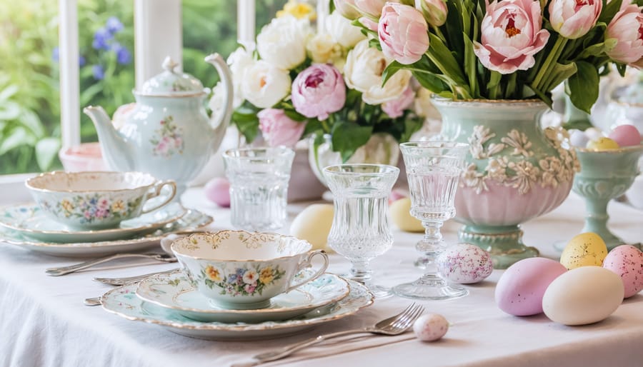 Vintage-inspired Easter table setting with antique dishes and floral centerpiece