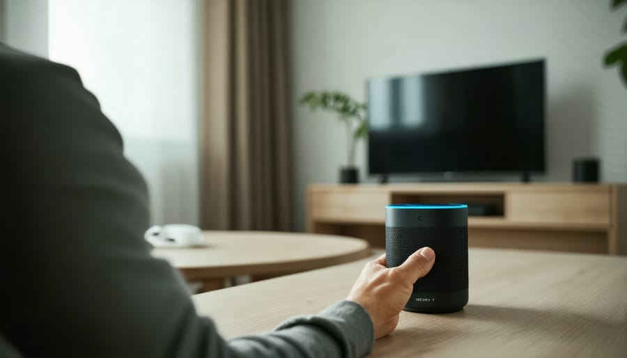 Individual in wheelchair controlling smart home devices using voice commands through a smart speaker