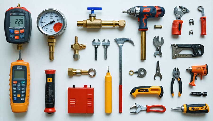 Essential tools and safety gear laid out including wire stripper, screwdriver, voltage tester, and protective gloves