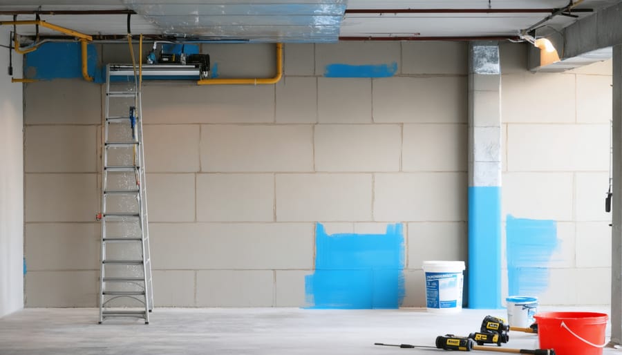Person applying waterproof coating to basement wall with proper technique and tools