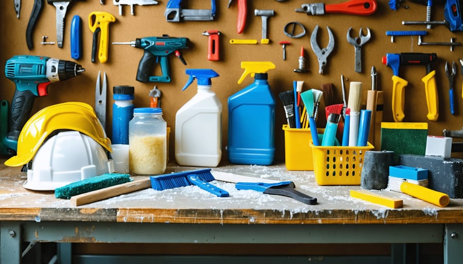 Essential basement waterproofing tools including sealing compounds, trowels, brushes, and safety equipment