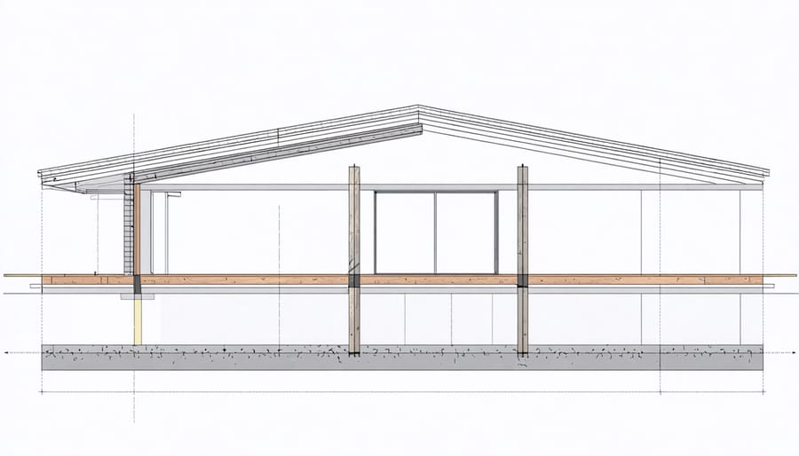 Force distribution diagram showing weight transfer path from roof through walls to foundation