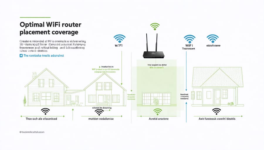 Diagram of recommended WiFi router positioning and signal coverage throughout a house