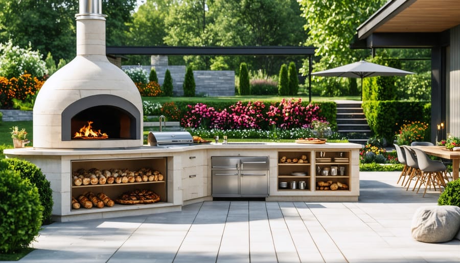 Modern outdoor kitchen with wood-fired pizza oven, smoker, and prep area