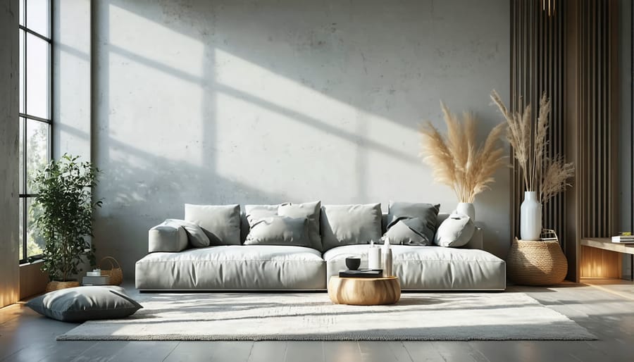 Serene minimalist living room with wooden furniture, neutral colors, and abundant natural lighting