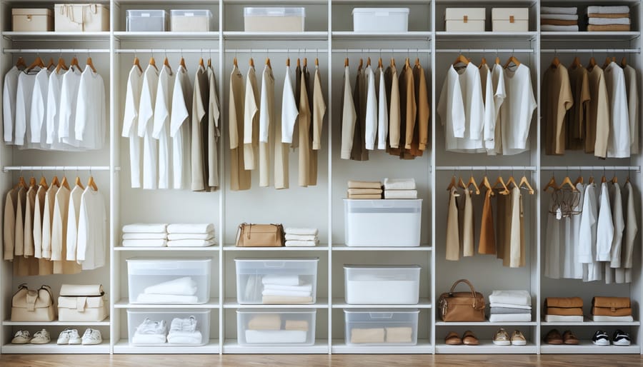 Well-organized minimalist closet showing effective storage solutions and clear organization