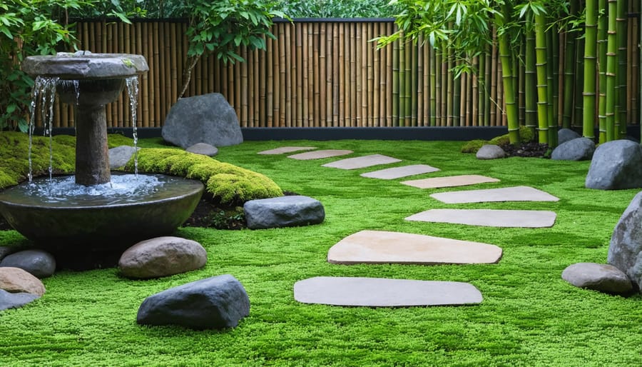 Peaceful zen garden with stone path, bamboo fountain, and minimalist landscaping