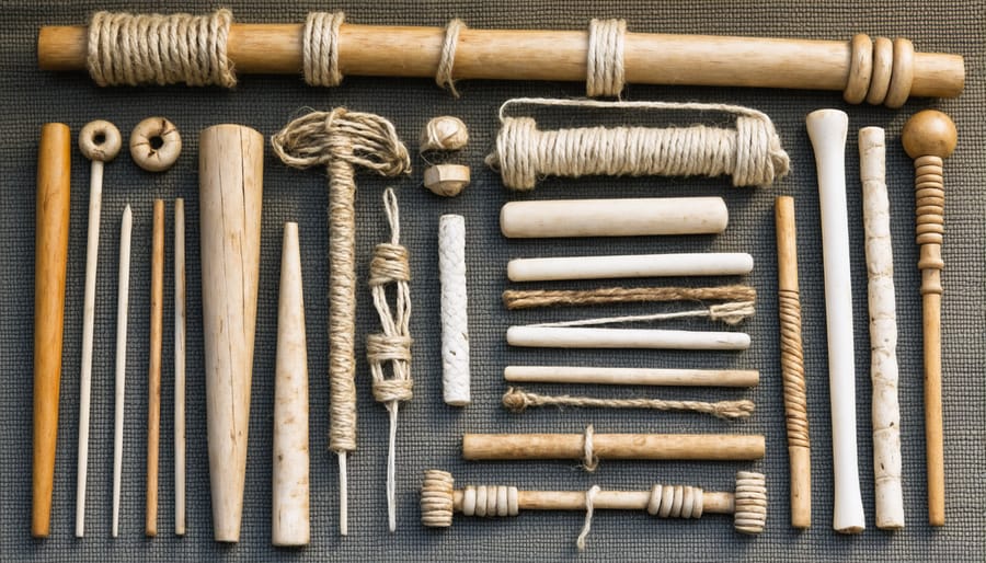 Collection of preserved ancient weaving tools and implements from archaeological sites