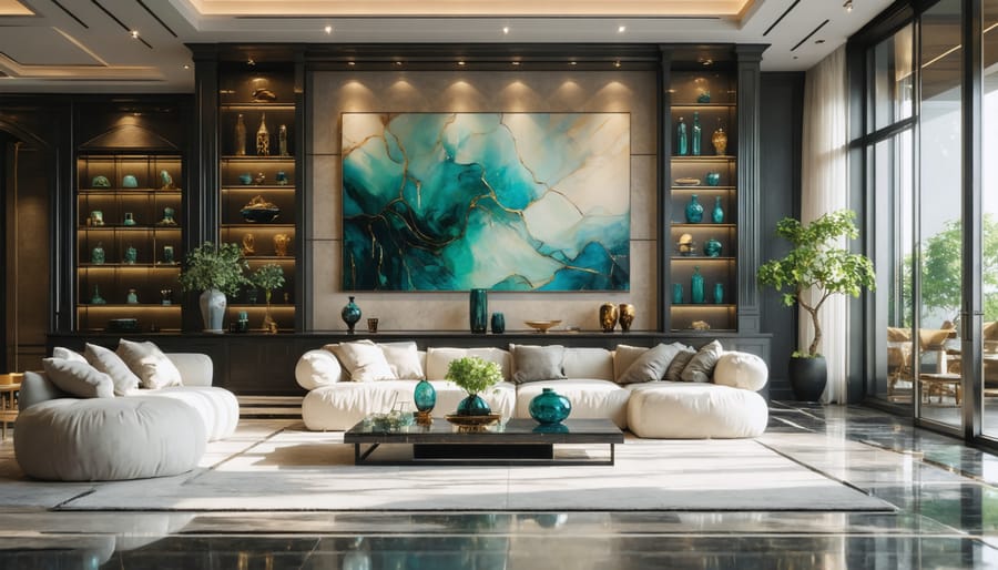 Modern living room showcasing art glass pieces on shelves with strategic lighting