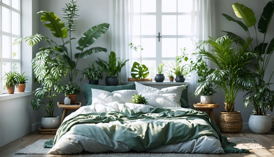 Calm bedroom interior with hanging plants, bedside foliage, and floor plants creating a peaceful atmosphere