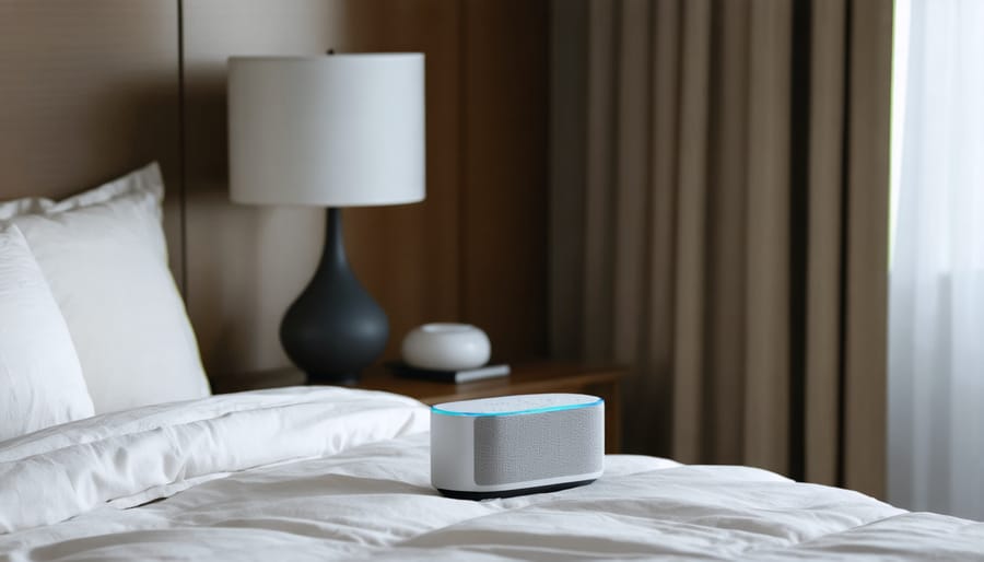 Bedroom with integrated sound therapy technology for better sleep