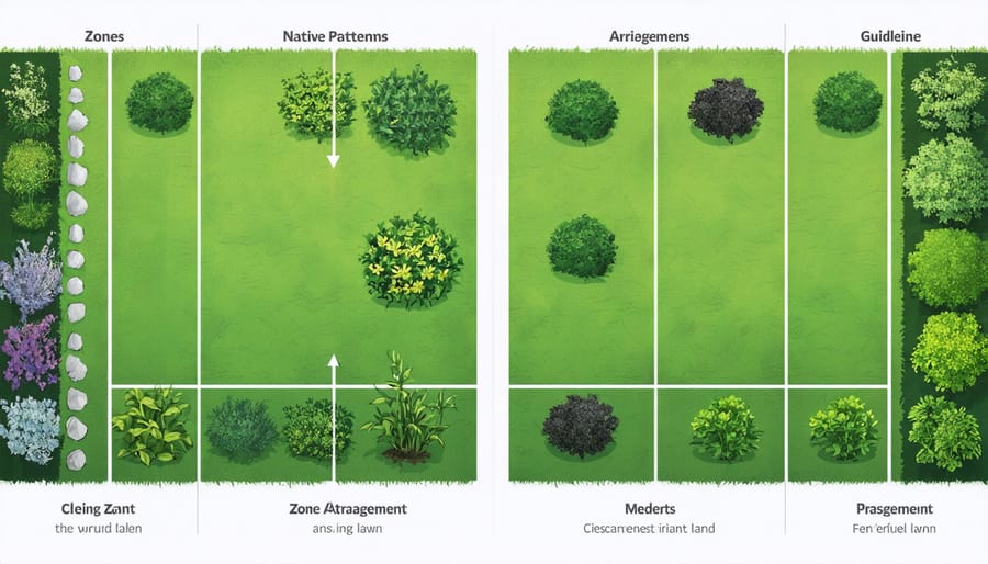 Illustrated garden design layout showing placement of various native plant species and walking paths