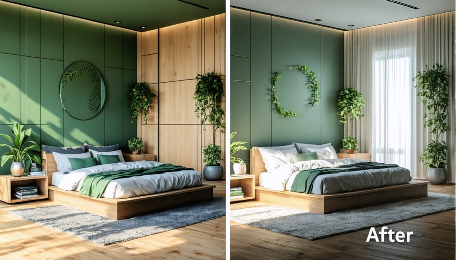 Before and after comparison of a bedroom transformed with biophilic design principles