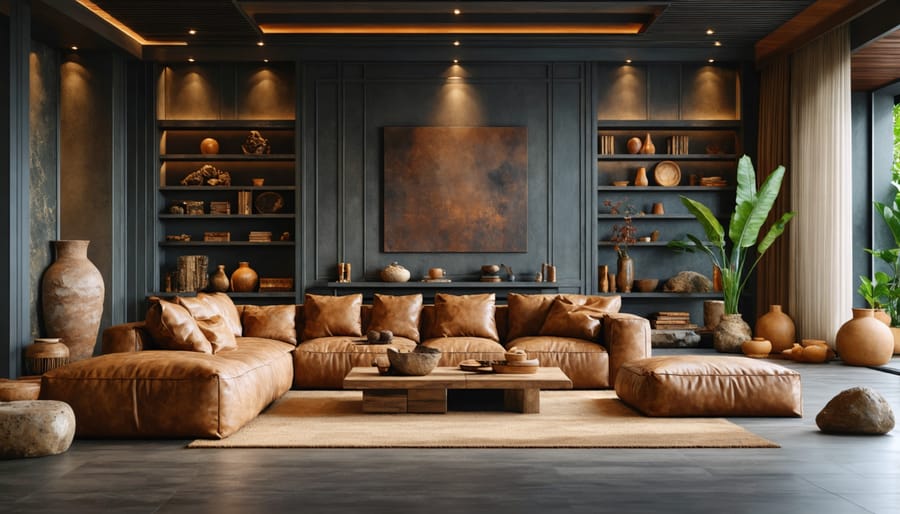 Modern living room showcasing biophilic design with earth tone color palette and natural textures