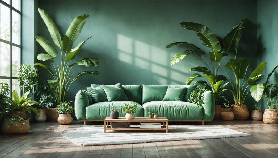 Modern living room featuring large windows, potted plants, and wooden furniture creating a biophilic atmosphere