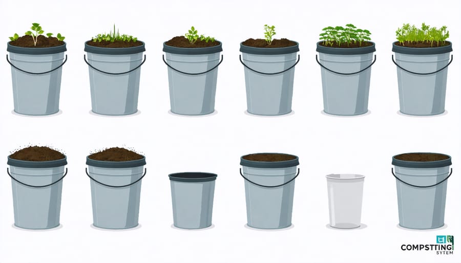 DIY bucket composting system showing drainage holes, layering, and lid configuration