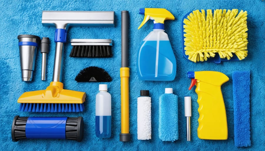 Collection of carpet cleaning tools including handheld vacuum, brushes, and cleaning products