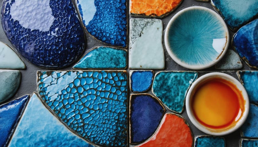 Detailed view of modern ceramic surface treatments including metallic, matte, and textured finishes