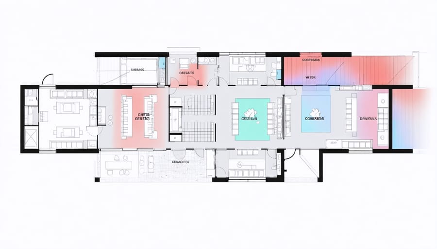 Color-coded floor plan illustrating different temperature zones and airflow patterns in a smart home