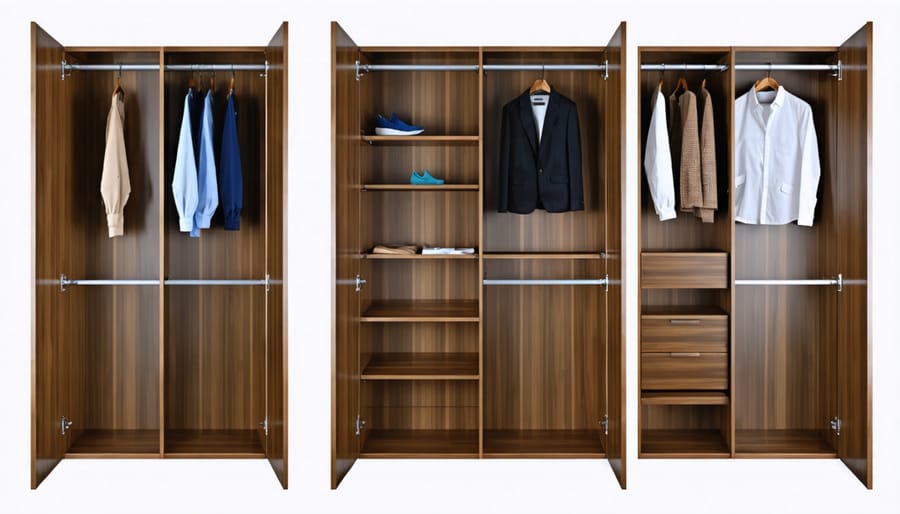 Display of various closet system materials including wood, laminate, and metal hardware