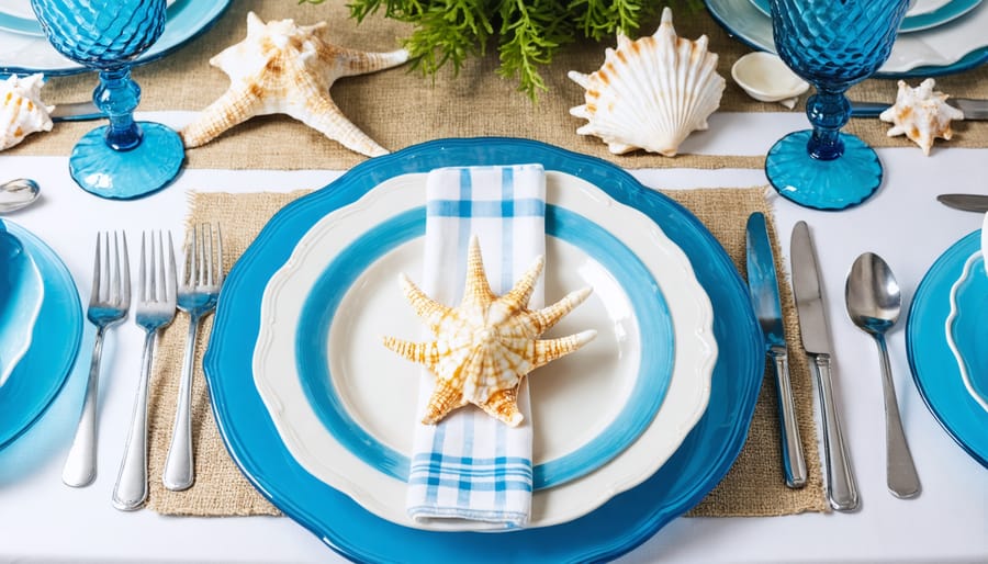 Coastal-inspired outdoor dining table with ocean-themed decorations