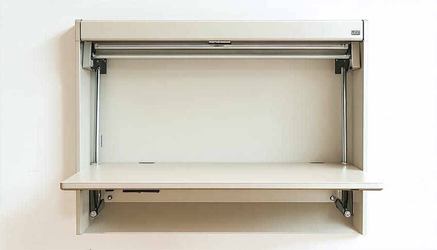 Collapsible wall-mounted folding table shown in both stored and extended positions