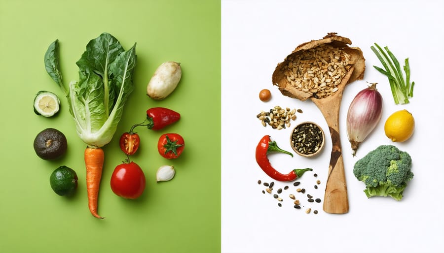 Side-by-side comparison of compostable kitchen waste versus non-compostable items