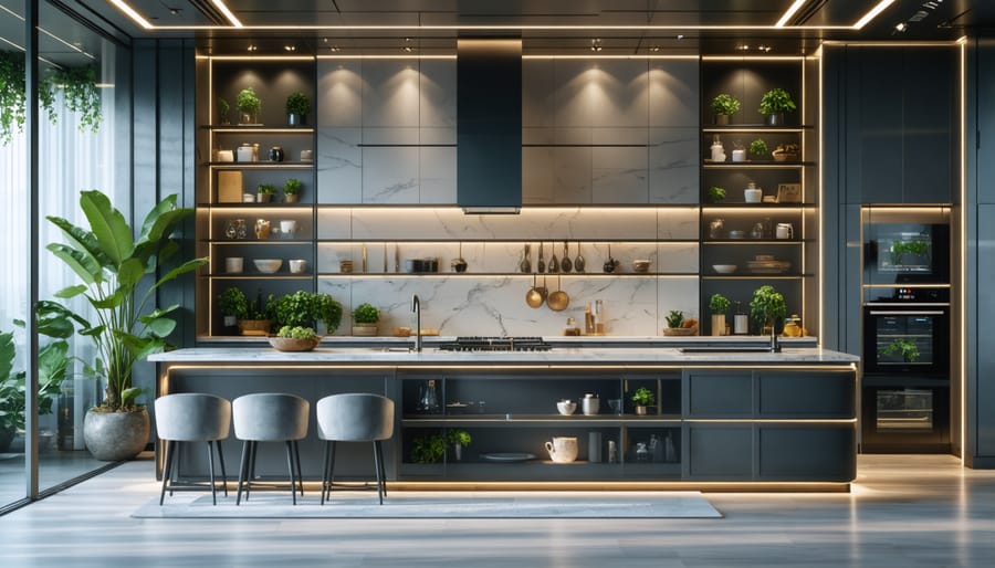 Modern kitchen featuring smart appliances and automated lighting systems