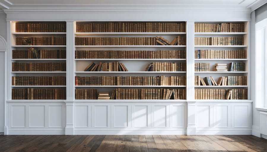 White built-in bookshelf with architectural details and styled shelving