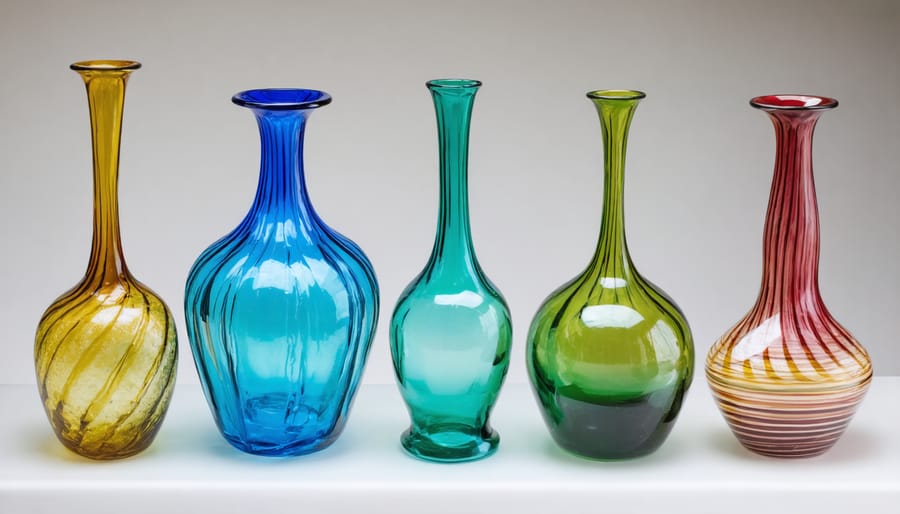 Display of handcrafted art glass vases featuring different colors and patterns