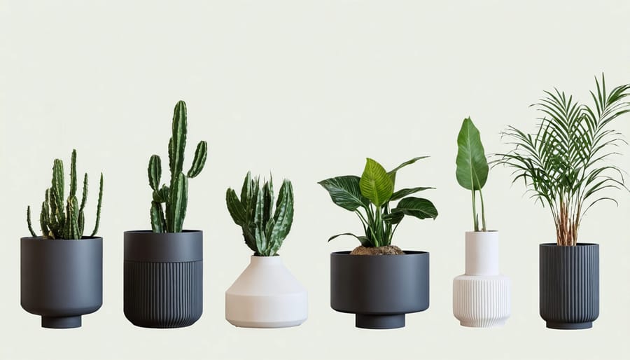 Assorted decorative plant pots including ceramic, metal, and natural materials in various designs