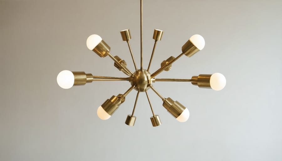 Contemporary brass sputnik chandelier hanging in a dining room