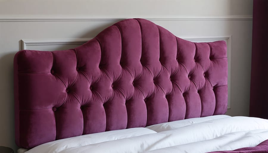 Elegant gray velvet tufted headboard against a neutral wall